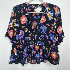 Anthropologie Black Floral Boxy‎ Dolman Sleeve Lightweight Delicate Top Small